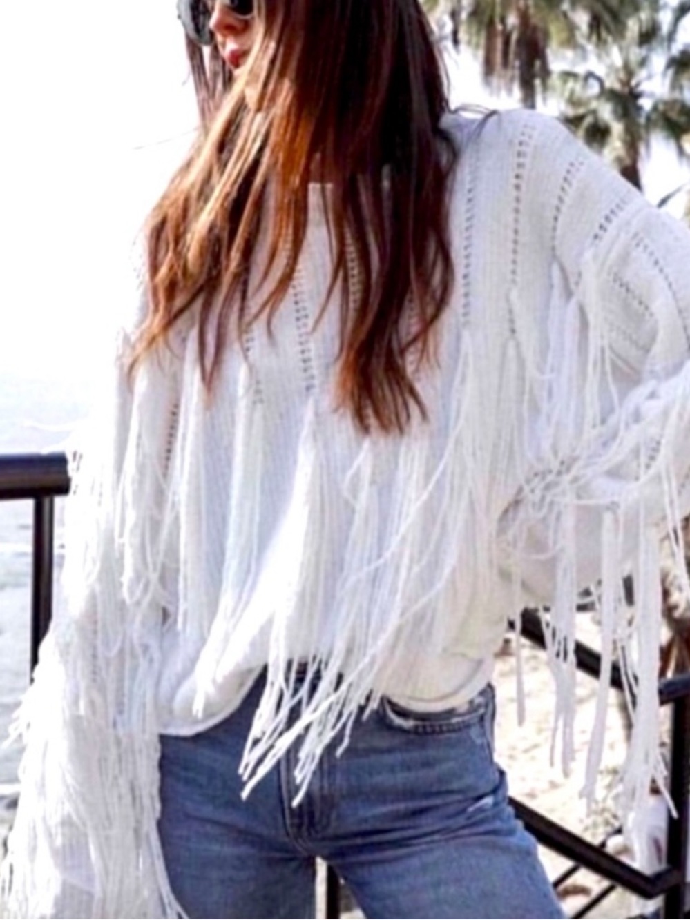Show Me Your MuMu White Fringe Scoop-Neck Sweater, Size XL, EUC